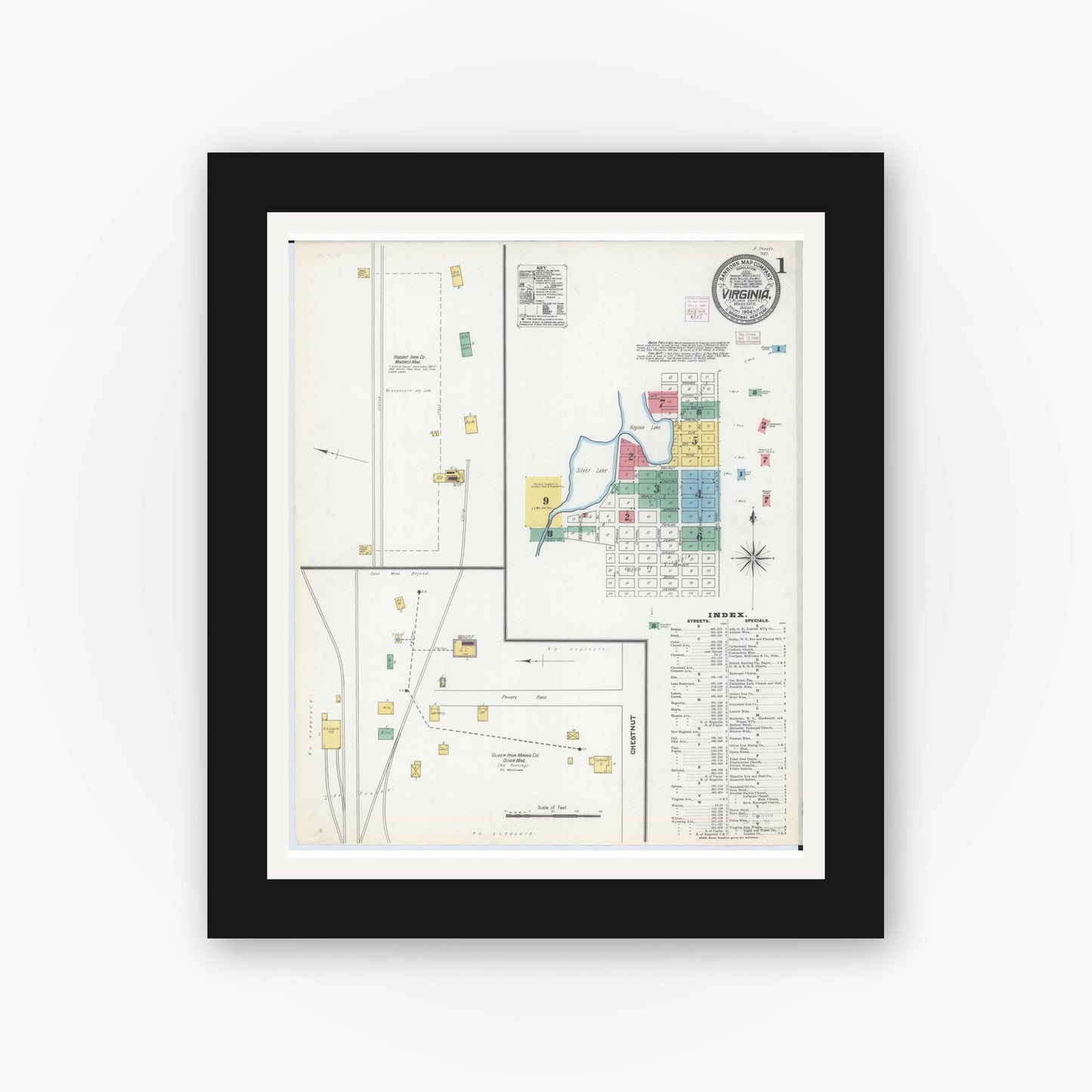 Old map wall art mockup — black gallery frame with white mat — Sanborn Fire Insurance Map from Virginia, Saint Louis County, Minnesota (1904) - Complete Map Set