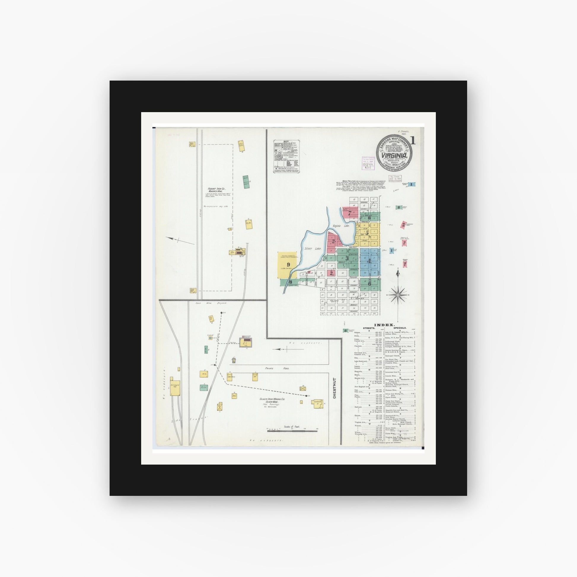 Old map wall art mockup — black gallery frame with white mat — Sanborn Fire Insurance Map from Virginia, Saint Louis County, Minnesota (1904) - Complete Map Set