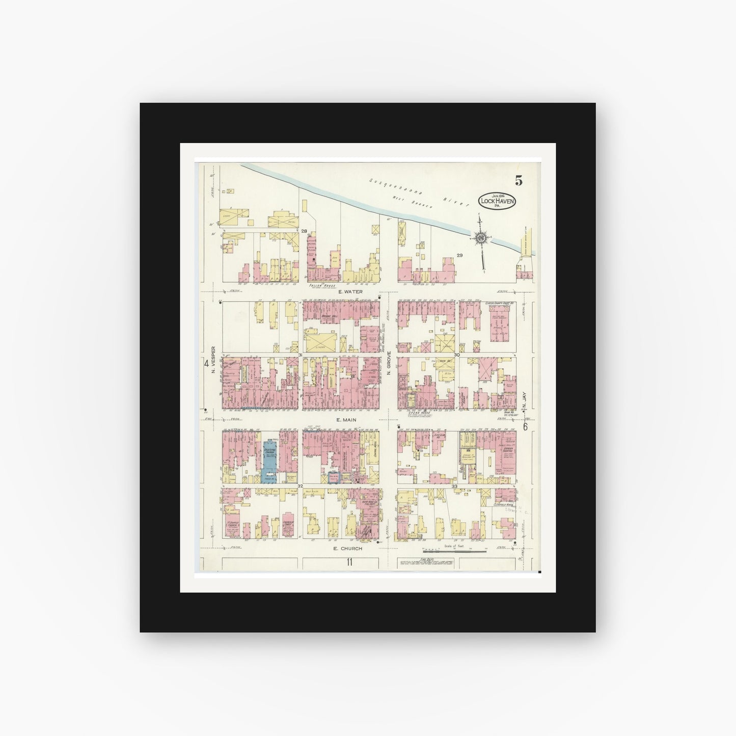 Old map wall art mockup — black gallery frame with white mat — Sanborn Fire Insurance Map from Lock Haven, Clinton County, Pennsylvania (1914), Sheet #0005