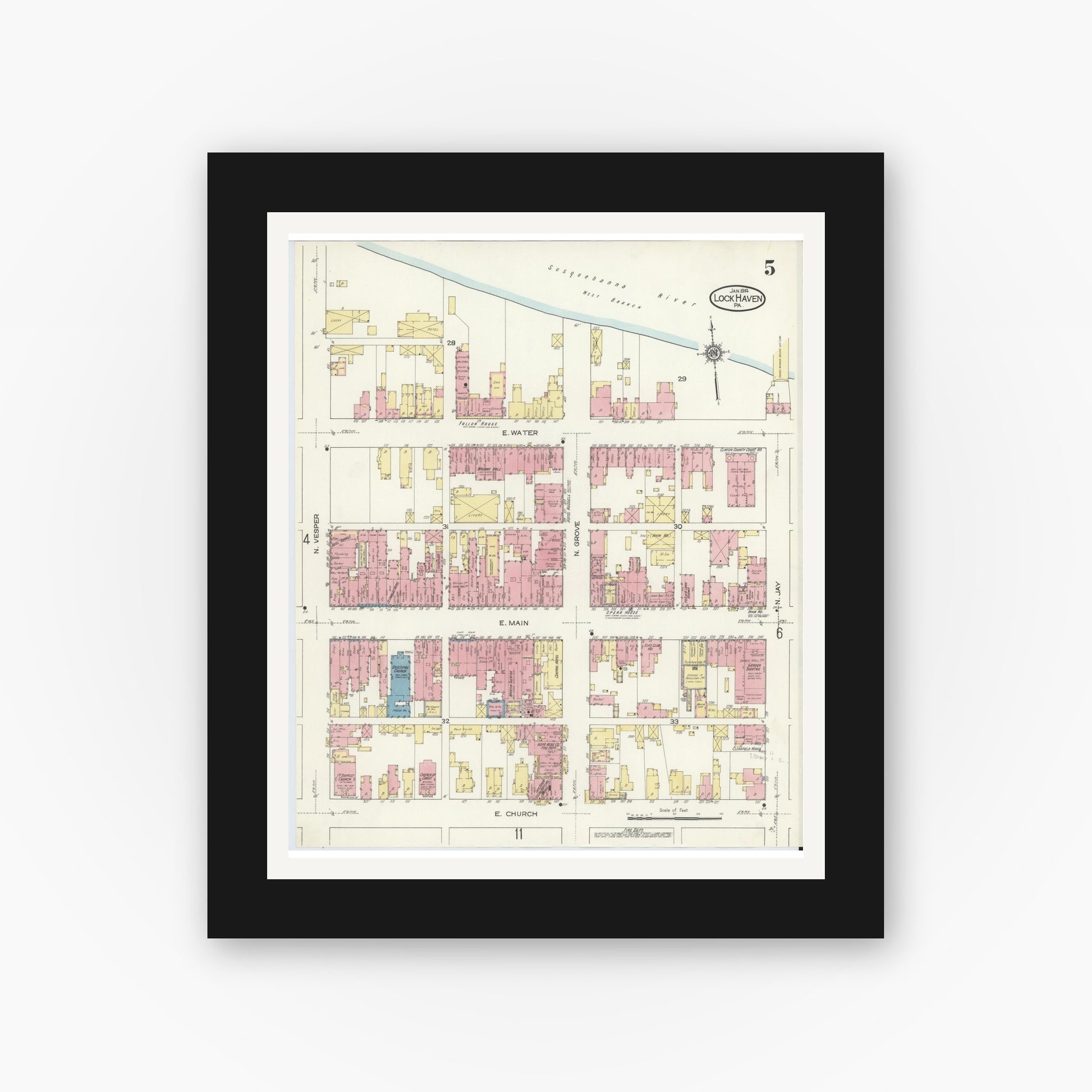 Old map wall art mockup — black gallery frame with white mat — Sanborn Fire Insurance Map from Lock Haven, Clinton County, Pennsylvania (1914), Sheet #0005