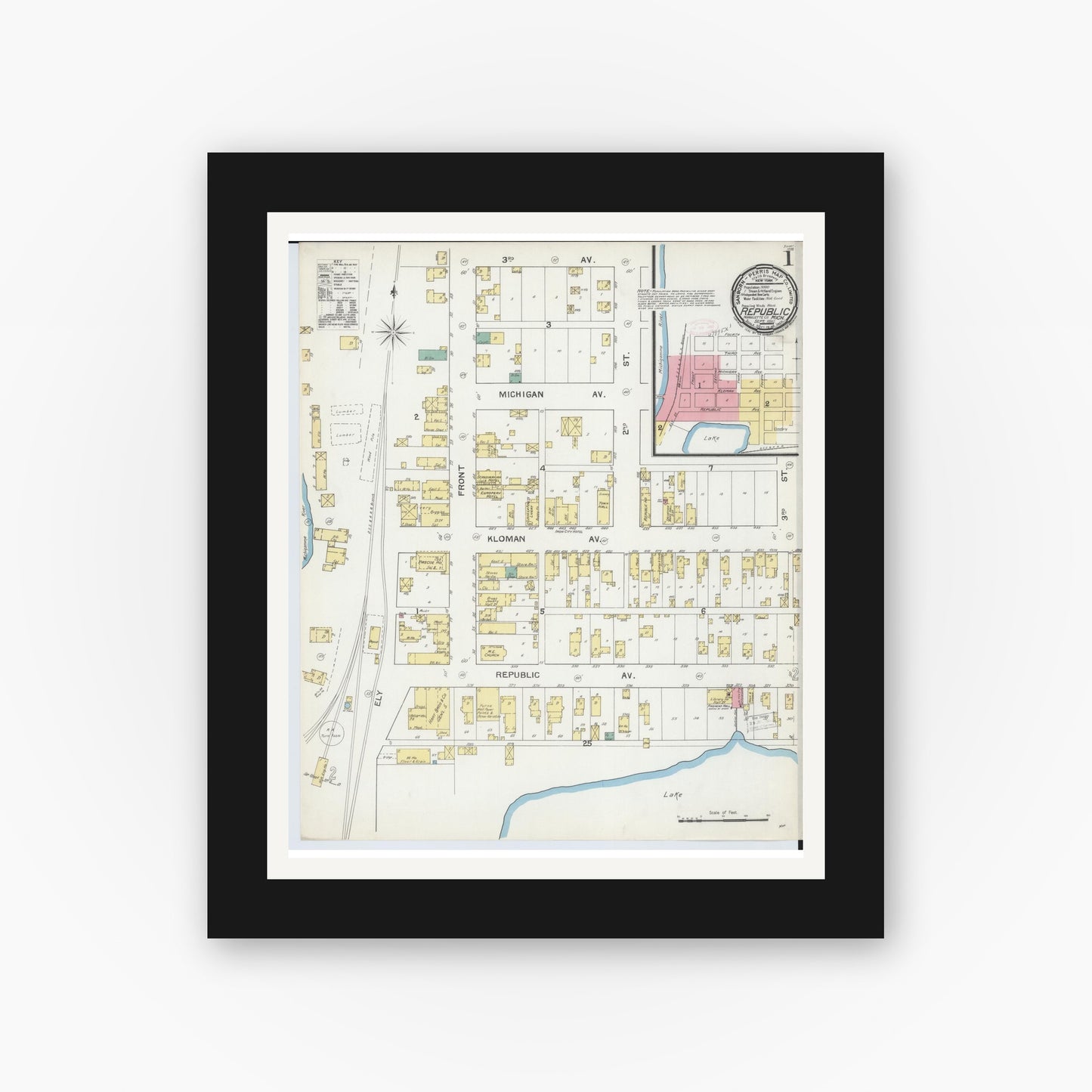 Old map wall art mockup — black gallery frame with white mat — Sanborn Fire Insurance Map from Republic, Marquette County, Michigan (1892) - Complete Map Set