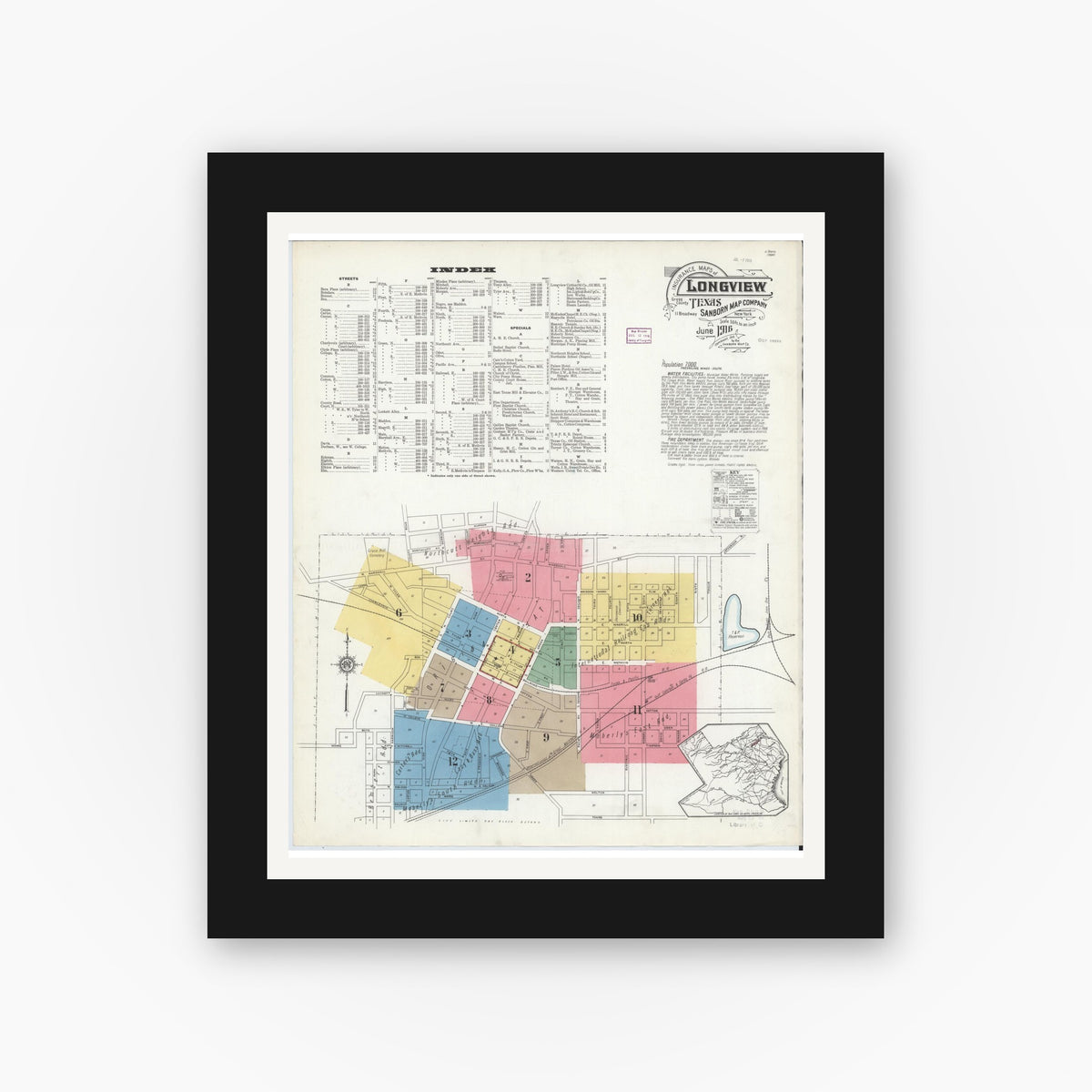 Old map wall art mockup — black gallery frame with white mat — Sanborn Fire Insurance Map from Longview, Gregg County, Texas (1916), Sheet #0001