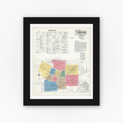 Old map wall art mockup — black gallery frame with white mat — Sanborn Fire Insurance Map from Longview, Gregg County, Texas (1916), Sheet #0001
