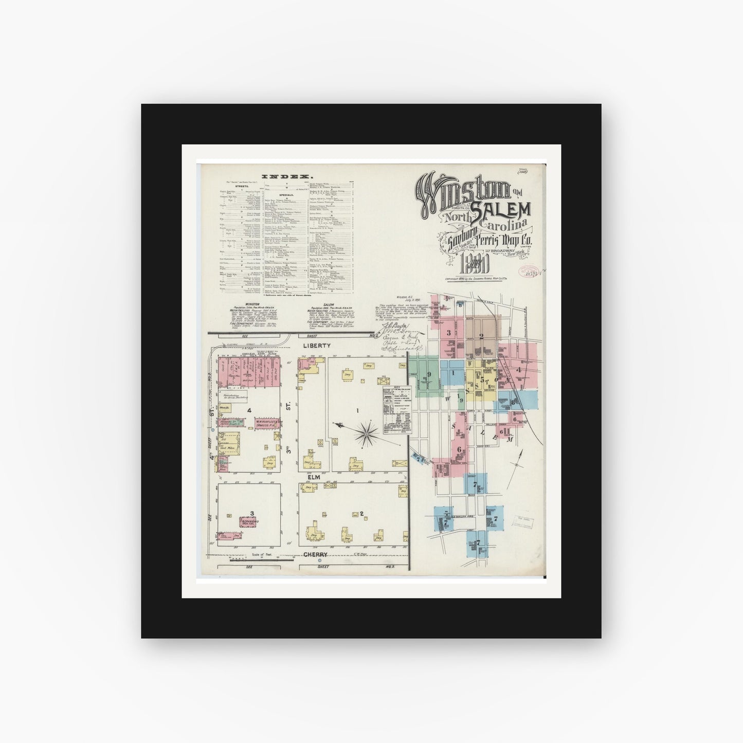 Old map wall art mockup — black gallery frame with white mat — Sanborn Fire Insurance Map from Winston-Salem, Forsyth County, North Carolina (1890) - Complete Map Set