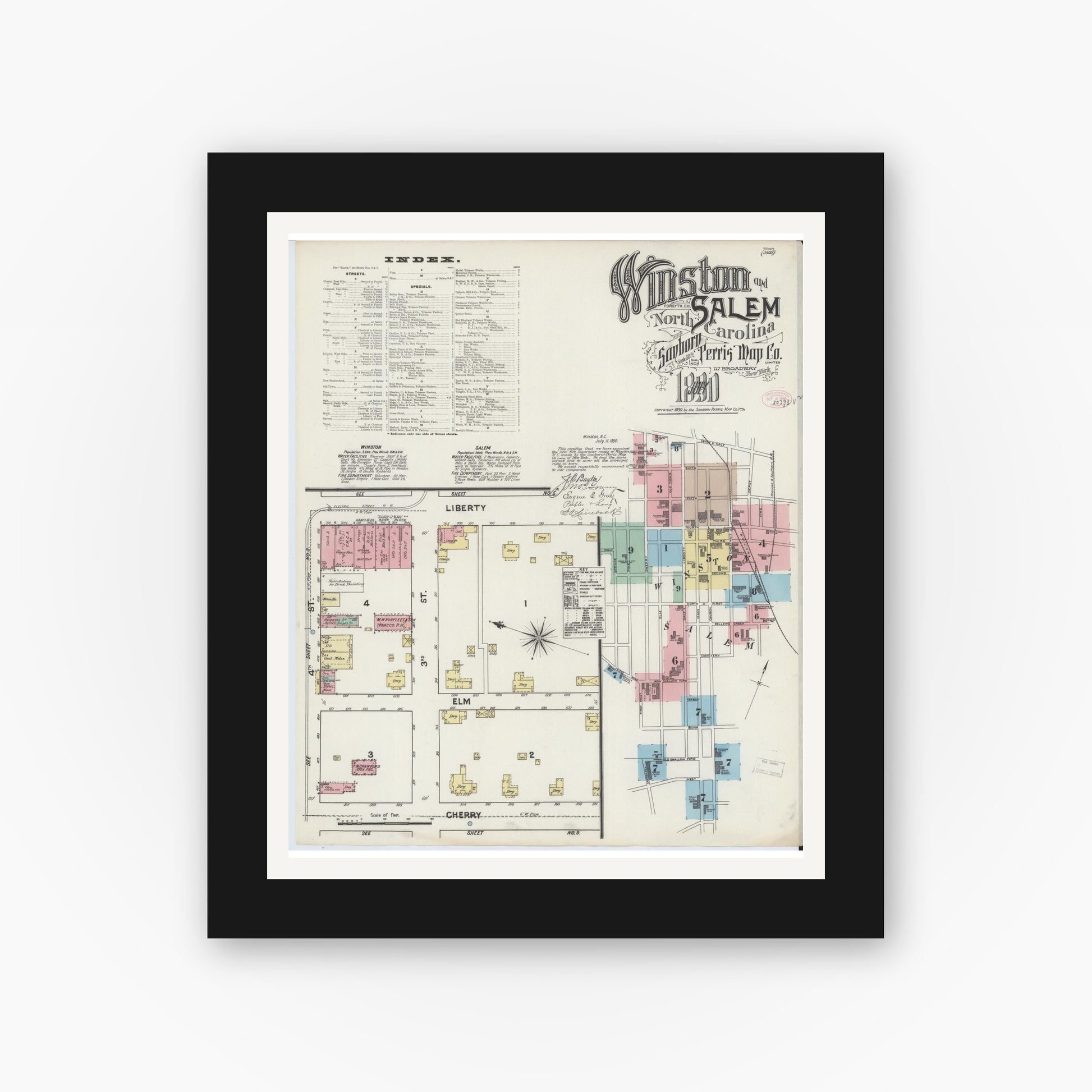 Old map wall art mockup — black gallery frame with white mat — Sanborn Fire Insurance Map from Winston-Salem, Forsyth County, North Carolina (1890) - Complete Map Set