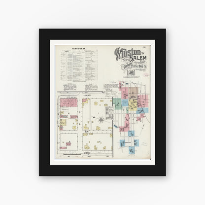 Old map wall art mockup — black gallery frame with white mat — Sanborn Fire Insurance Map from Winston-Salem, Forsyth County, North Carolina (1890) - Complete Map Set