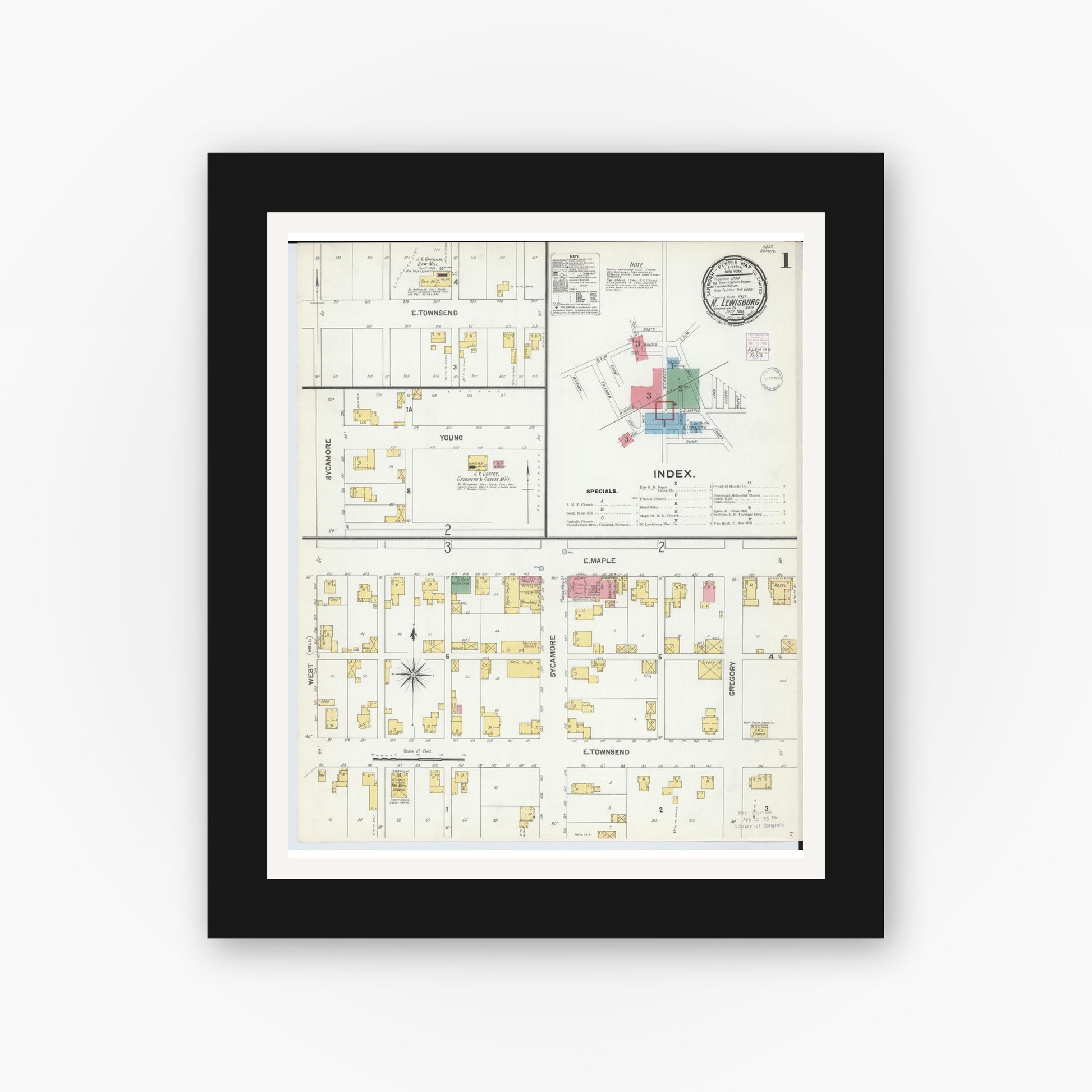 Old map wall art mockup — black gallery frame with white mat — Sanborn Fire Insurance Map from North Lewisburg, Champaign County, Ohio (1901), Sheet #0001