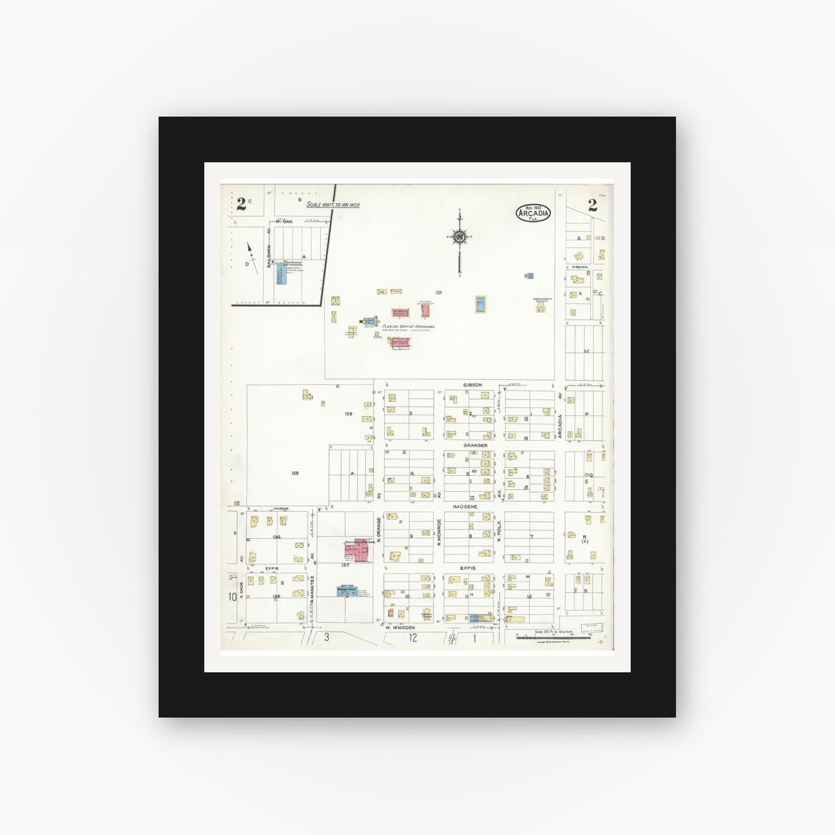 Old map wall art mockup — black gallery frame with white mat — Sanborn Fire Insurance Map from Arcadia, DeSoto County, Florida (1923), Sheet #0002