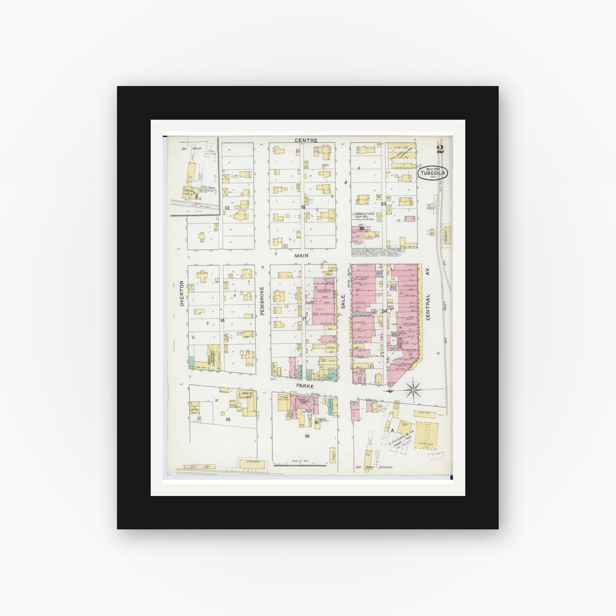 Old map wall art mockup — black gallery frame with white mat — Sanborn Fire Insurance Map from Tuscola, Douglas County, Illinois (1892), Sheet #0002