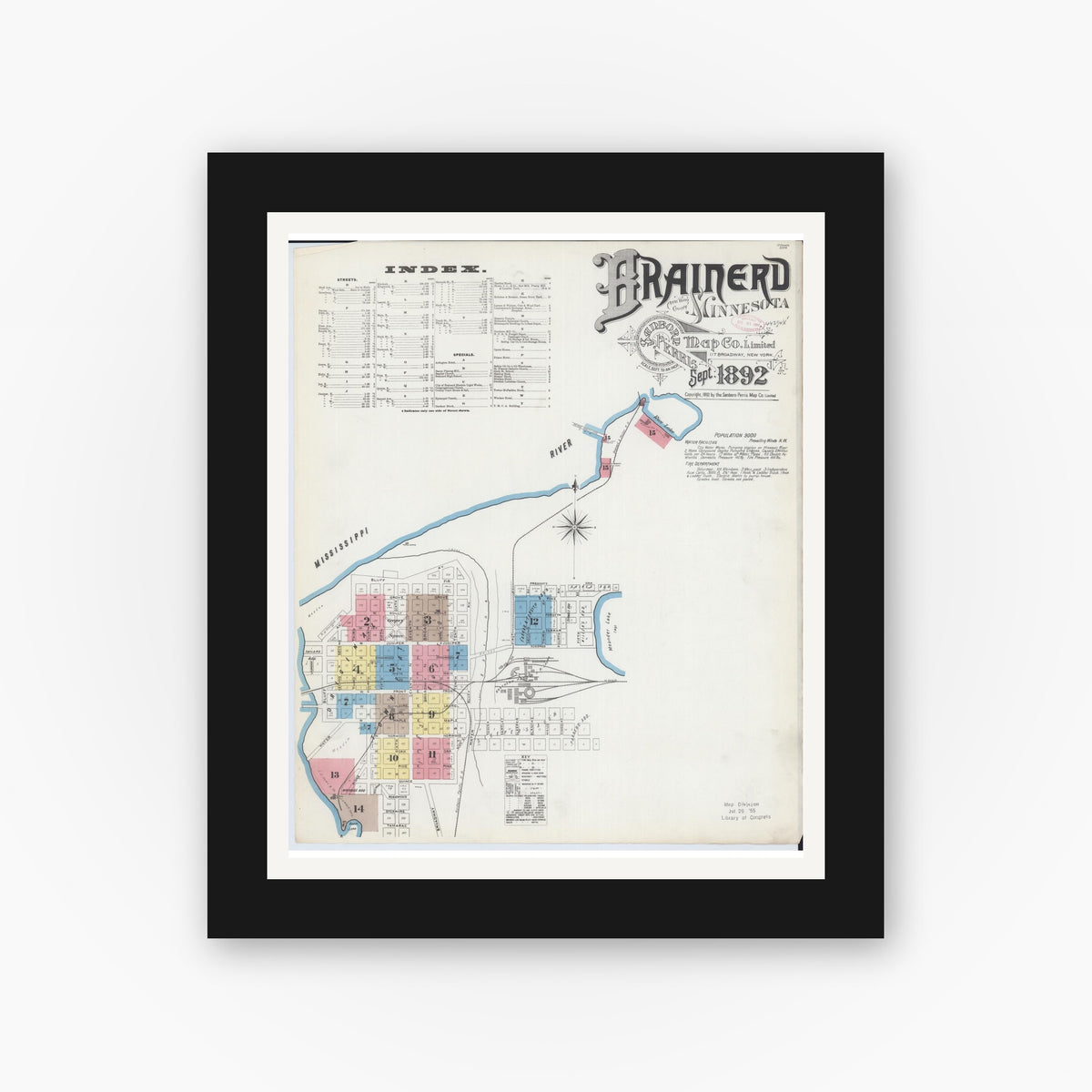 Old map wall art mockup — black gallery frame with white mat — Sanborn Fire Insurance Map from Brainerd, Crow Wing County, Minnesota (1892) - Complete Map Set