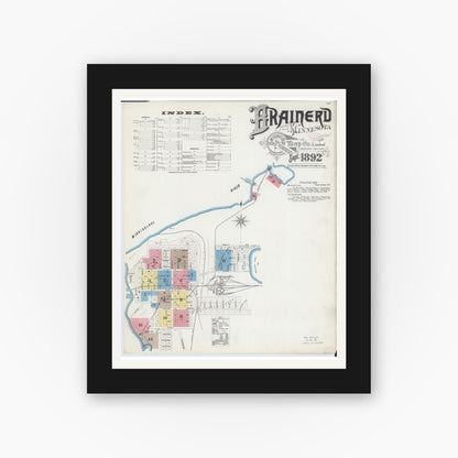 Old map wall art mockup — black gallery frame with white mat — Sanborn Fire Insurance Map from Brainerd, Crow Wing County, Minnesota (1892) - Complete Map Set