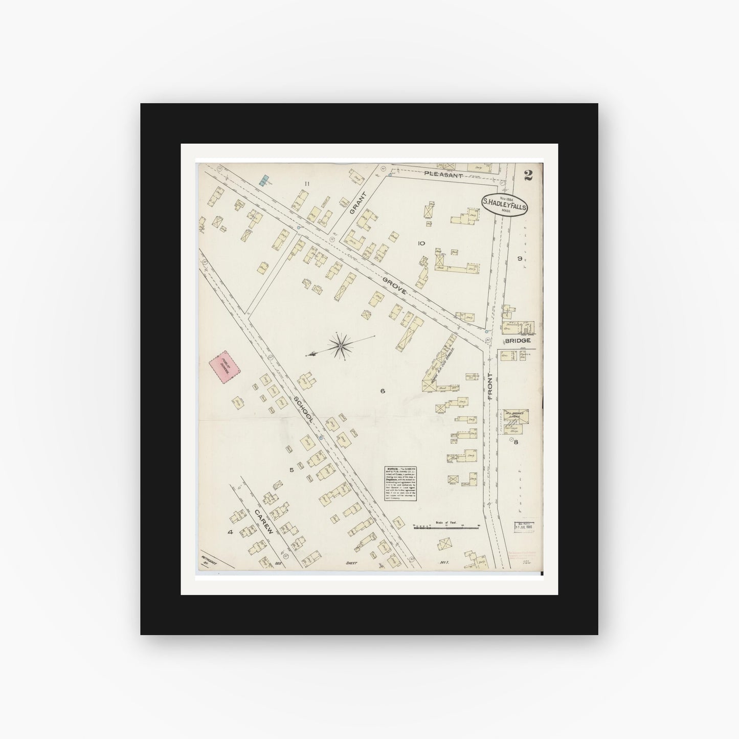 Old map wall art mockup — black gallery frame with white mat — Sanborn Fire Insurance Map from South Hadley Falls, Hampshire County, Massachusetts (1884), Sheet #0002