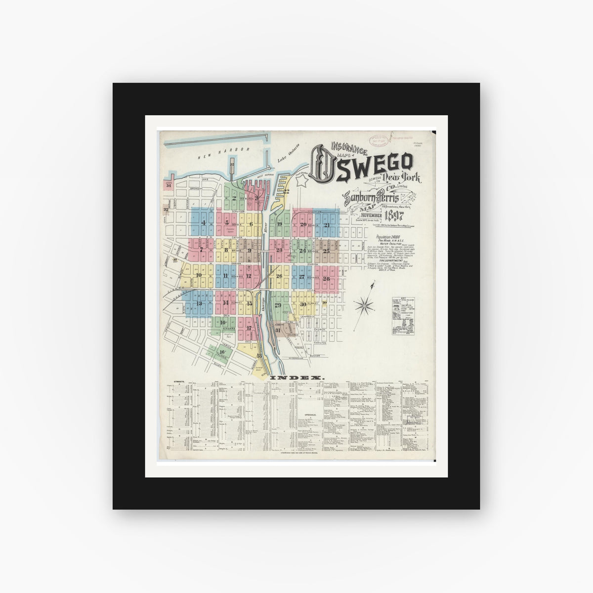 Old map wall art mockup — black gallery frame with white mat — Sanborn Fire Insurance Map from Oswego, Oswego County, New York (1897) - Complete Map Set