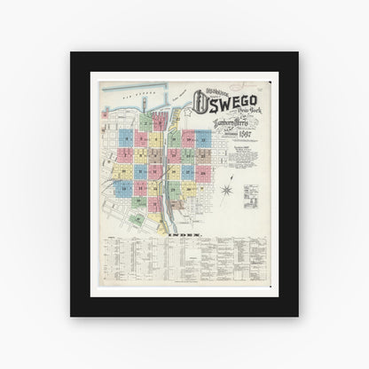 Old map wall art mockup — black gallery frame with white mat — Sanborn Fire Insurance Map from Oswego, Oswego County, New York (1897) - Complete Map Set