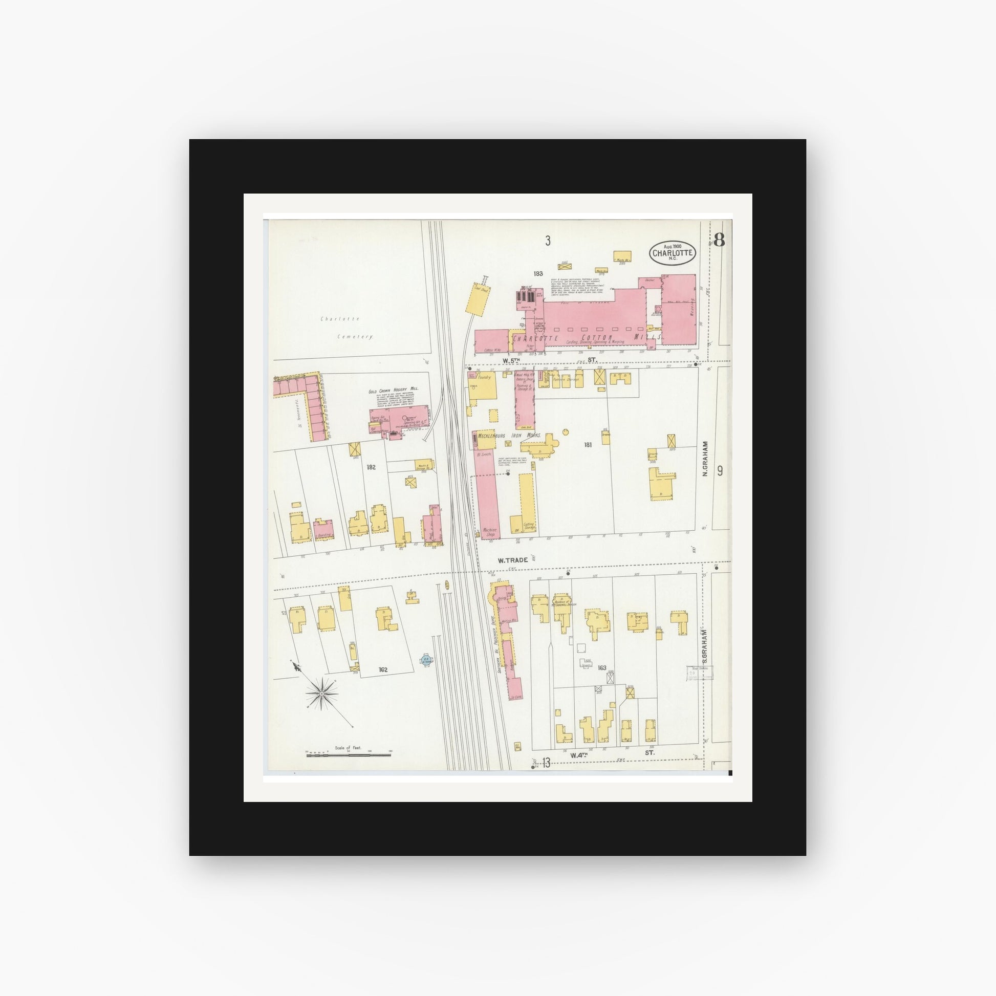 Old map wall art mockup — black gallery frame with white mat — Sanborn Fire Insurance Map from Charlotte, Mecklenburg County, North Carolina (1900), Sheet #0008