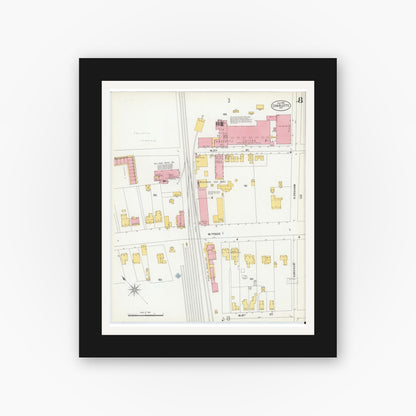 Old map wall art mockup — black gallery frame with white mat — Sanborn Fire Insurance Map from Charlotte, Mecklenburg County, North Carolina (1900), Sheet #0008