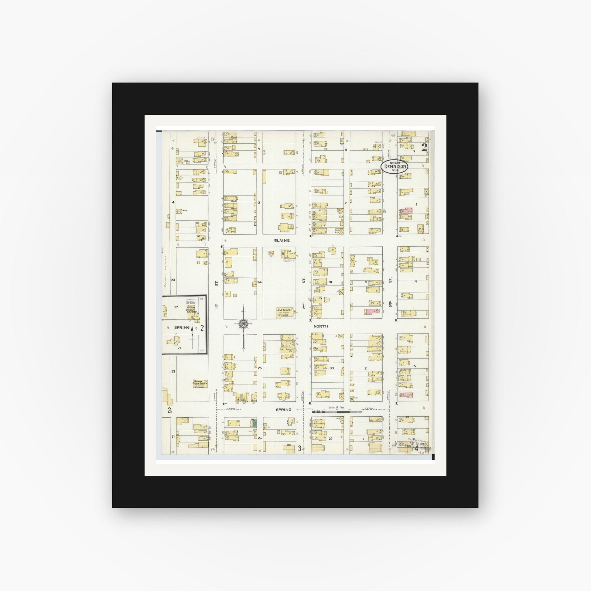 Old map wall art mockup — black gallery frame with white mat — Sanborn Fire Insurance Map from Dennison, Tuscarawas County, Ohio (1909), Sheet #0002
