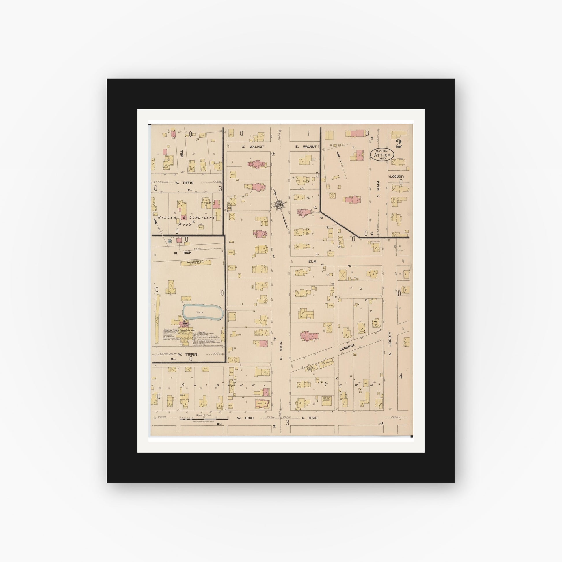 Old map wall art mockup — black gallery frame with white mat — Sanborn Fire Insurance Map from Attica, Seneca County, Ohio (1922), Sheet #0002