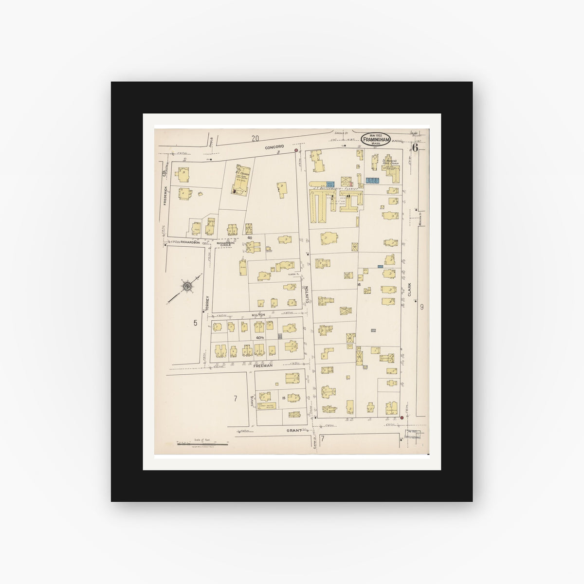 Old map wall art mockup — black gallery frame with white mat — Sanborn Fire Insurance Map from Framingham, Middlesex County, Massachusetts (1922), Sheet #0006
