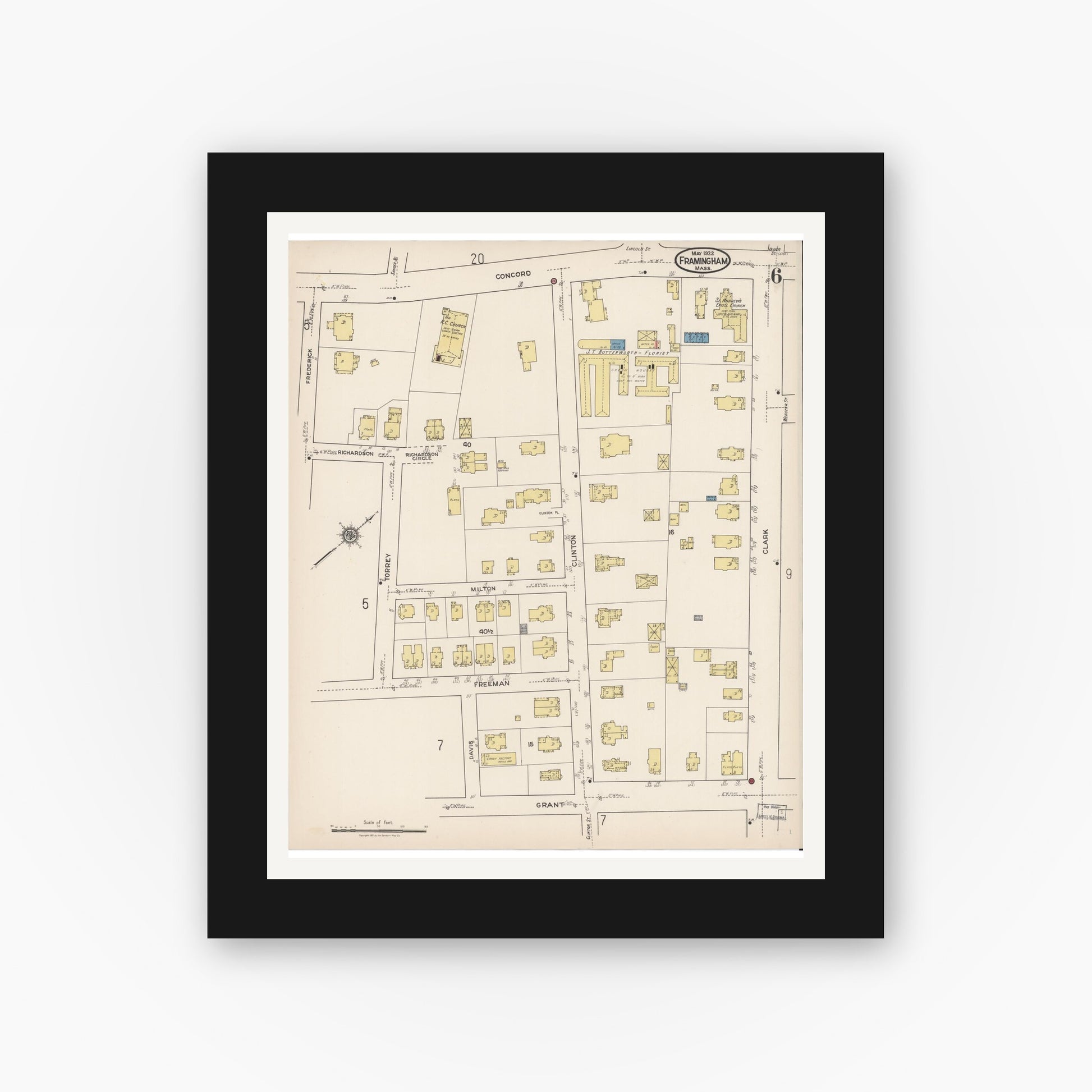 Old map wall art mockup — black gallery frame with white mat — Sanborn Fire Insurance Map from Framingham, Middlesex County, Massachusetts (1922), Sheet #0006