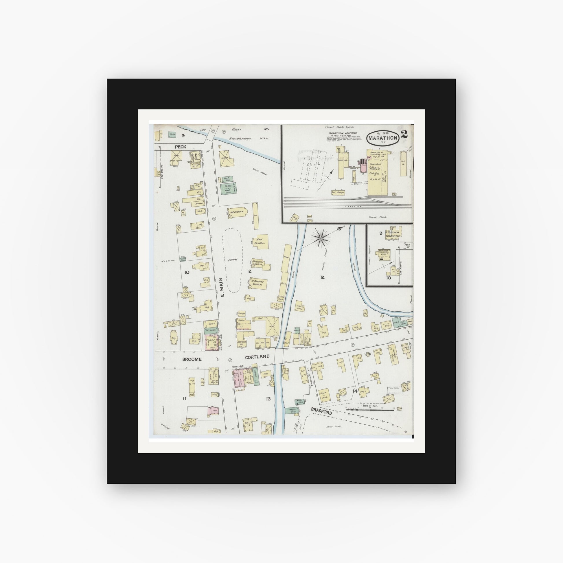 Old map wall art mockup — black gallery frame with white mat — Sanborn Fire Insurance Map from Marathon, Cortland County, New York (1888), Sheet #0002