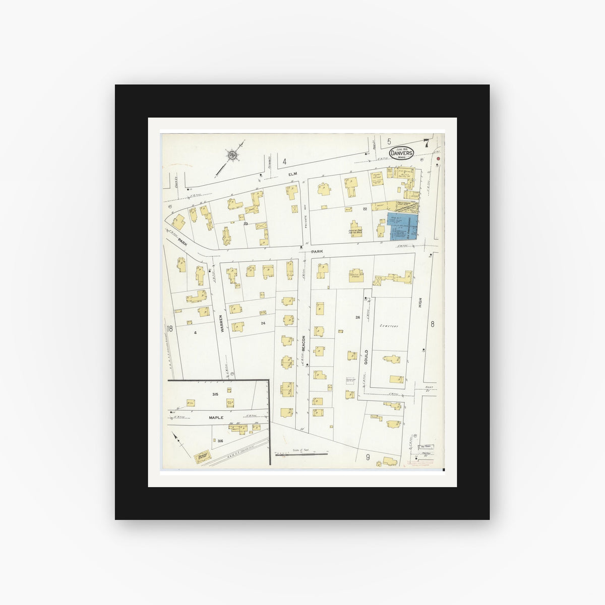 Old map wall art mockup — black gallery frame with white mat — Sanborn Fire Insurance Map from Danvers, Essex County, Massachusetts (1916), Sheet #0007