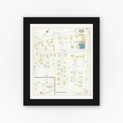 Old map wall art mockup — black gallery frame with white mat — Sanborn Fire Insurance Map from Danvers, Essex County, Massachusetts (1916), Sheet #0007