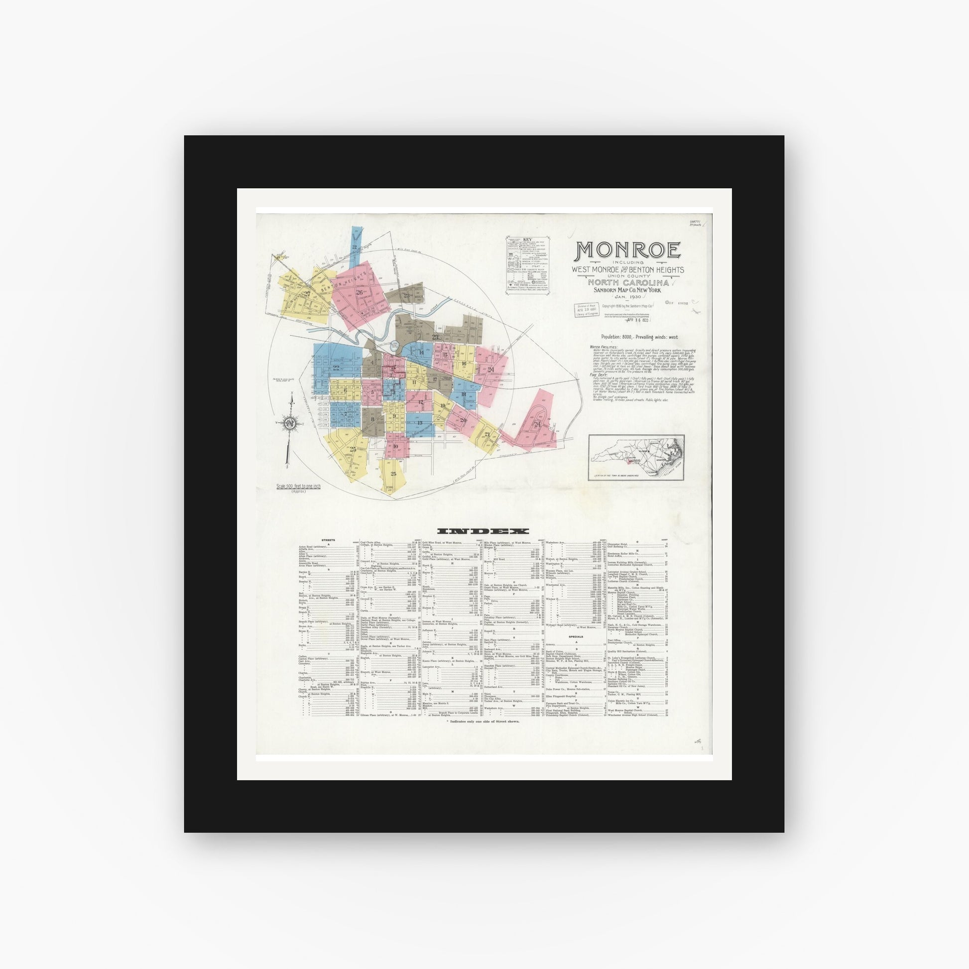 Old map wall art mockup — black gallery frame with white mat — Sanborn Fire Insurance Map from Monroe, Union County, North Carolina (1930) - Complete Map Set