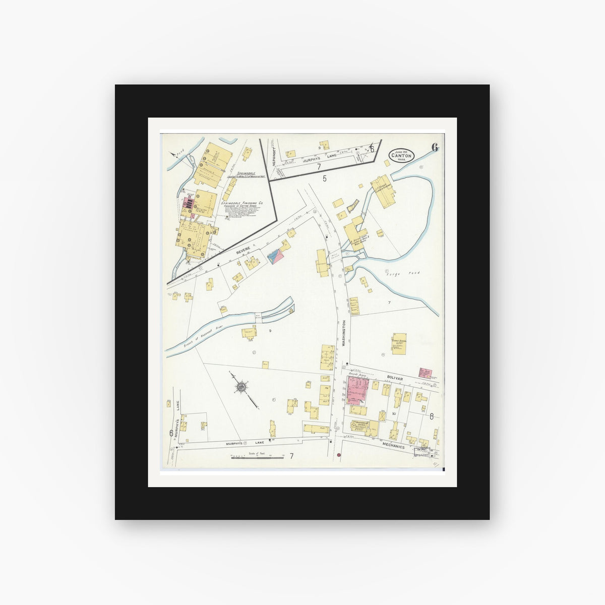 Old map wall art mockup — black gallery frame with white mat — Sanborn Fire Insurance Map from Canton, Norfolk County, Massachusetts (1911), Sheet #0006