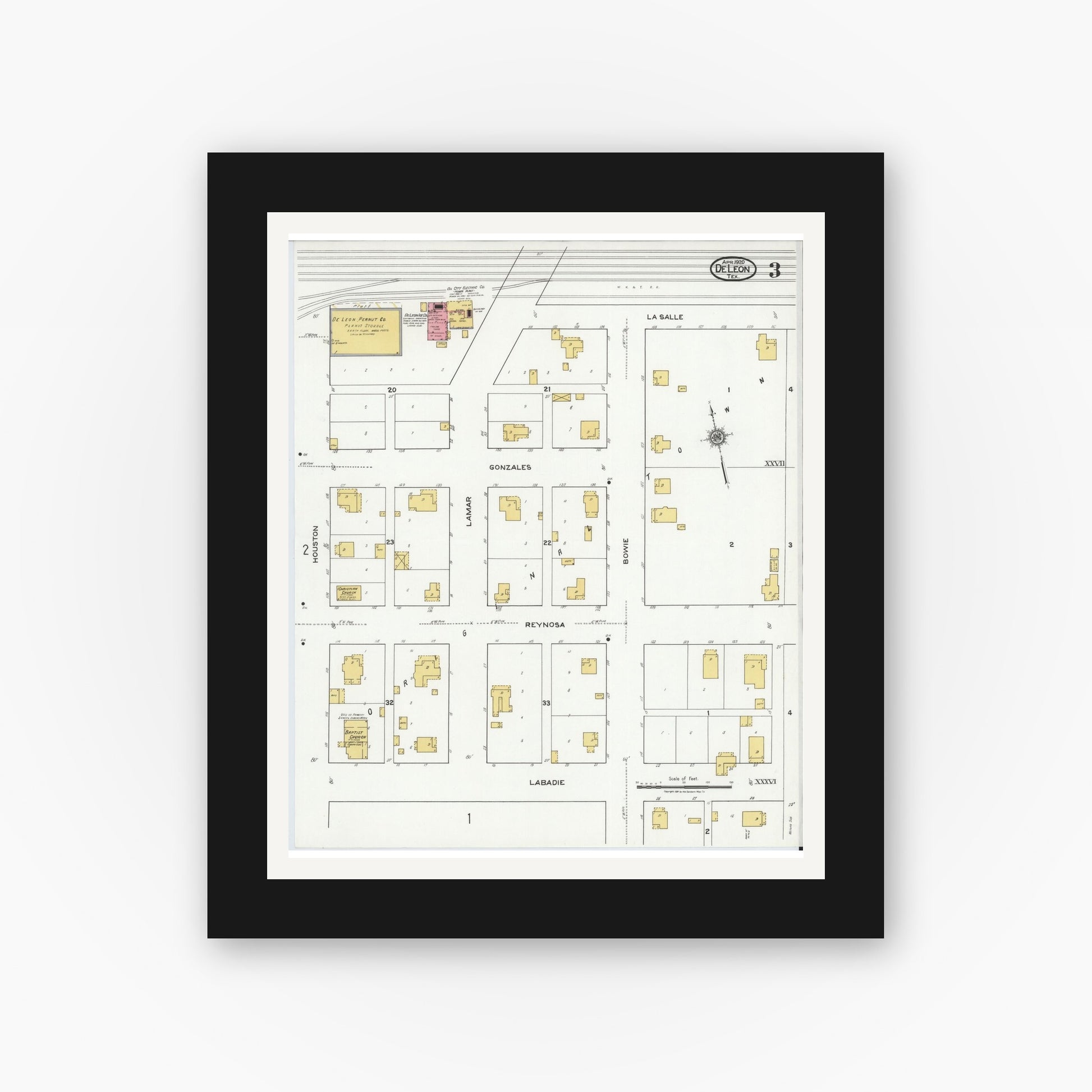 Old map wall art mockup — black gallery frame with white mat — Sanborn Fire Insurance Map from De Leon, Comanche County, Texas (1920), Sheet #0003