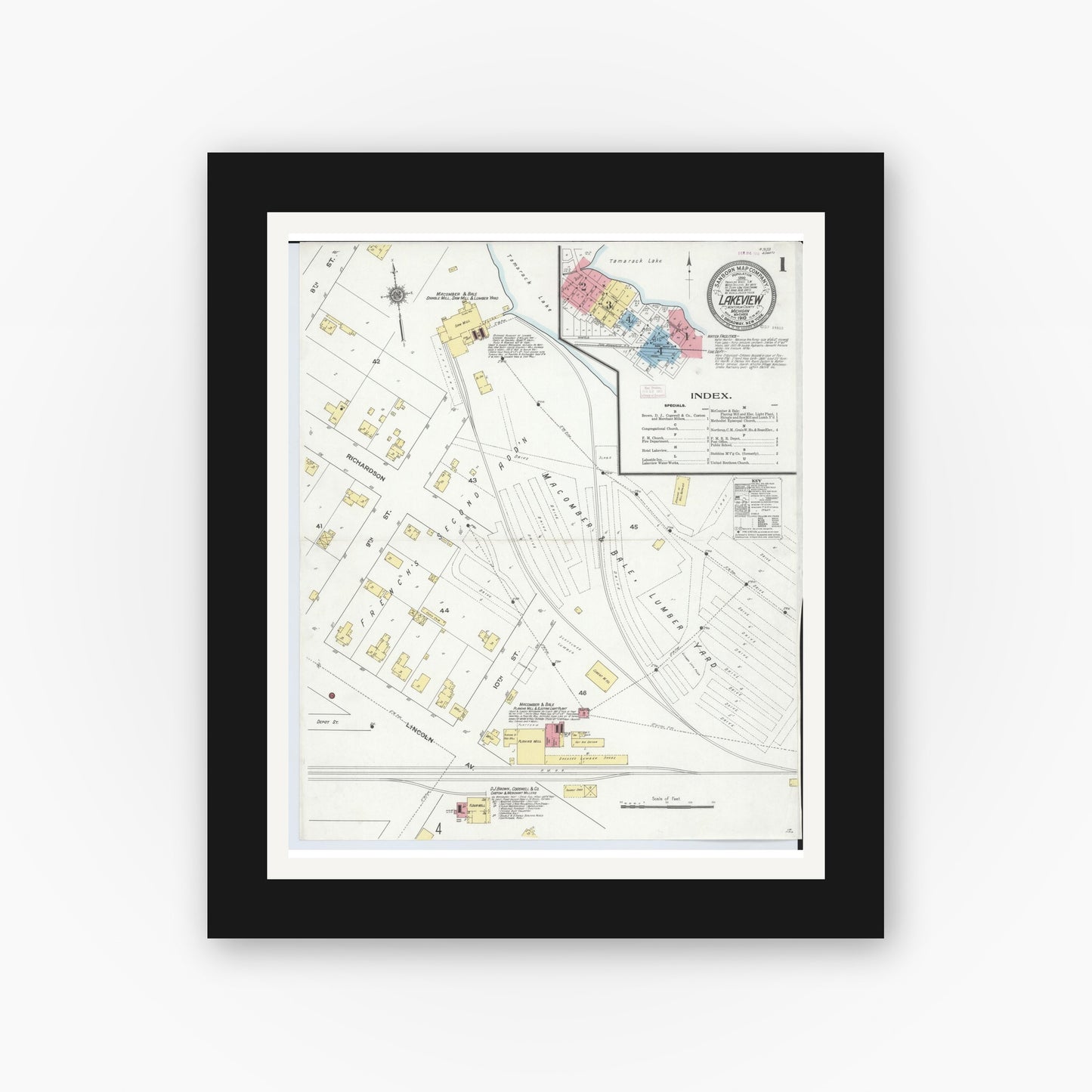 Old map wall art mockup — black gallery frame with white mat — Sanborn Fire Insurance Map from Lakeview, Montcalm County, Michigan (1910) - Complete Map Set