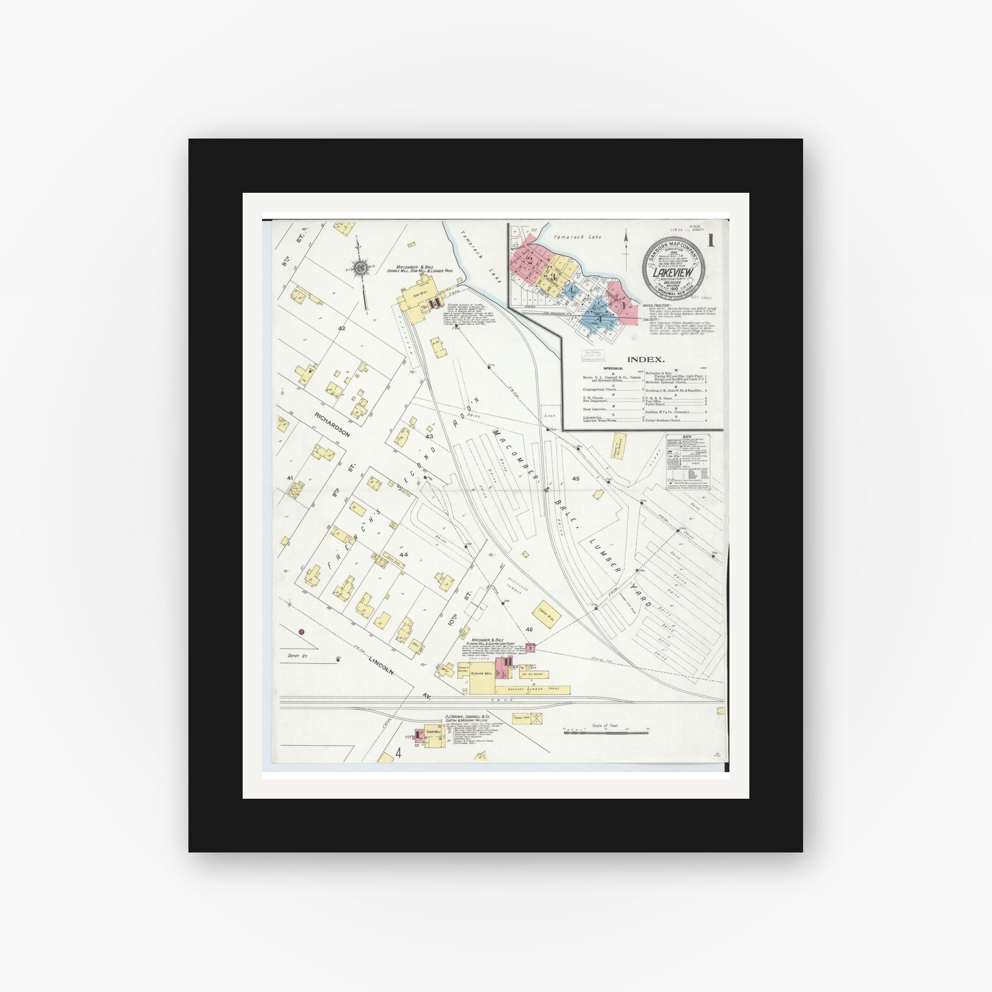 Old map wall art mockup — black gallery frame with white mat — Sanborn Fire Insurance Map from Lakeview, Montcalm County, Michigan (1910) - Complete Map Set