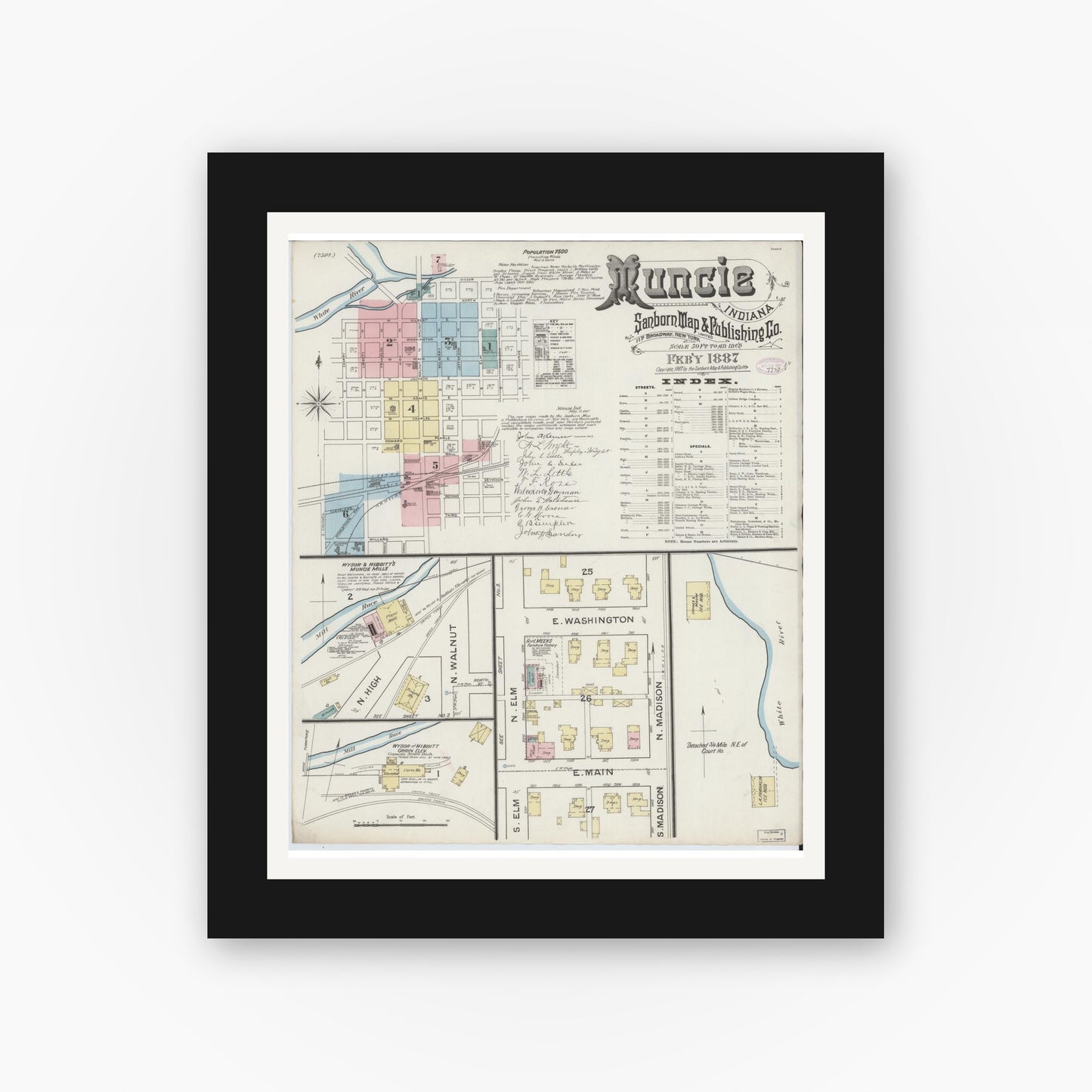Old map wall art mockup — black gallery frame with white mat — Sanborn Fire Insurance Map from Muncie, Delaware County, Indiana (1887) - Complete Map Set