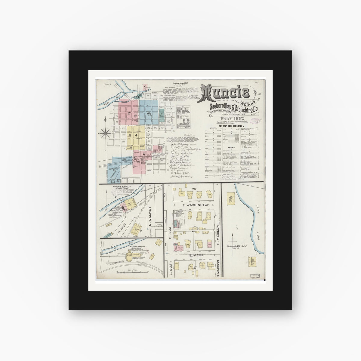 Old map wall art mockup — black gallery frame with white mat — Sanborn Fire Insurance Map from Muncie, Delaware County, Indiana (1887) - Complete Map Set