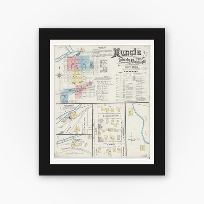 Old map wall art mockup — black gallery frame with white mat — Sanborn Fire Insurance Map from Muncie, Delaware County, Indiana (1887) - Complete Map Set