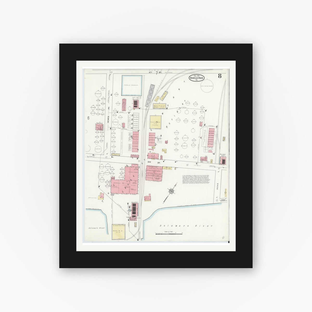 Old map wall art mockup — black gallery frame with white mat — Sanborn Fire Insurance Map from Marcus Hook, Chester County, Pennsylvania (1912), Sheet #0008