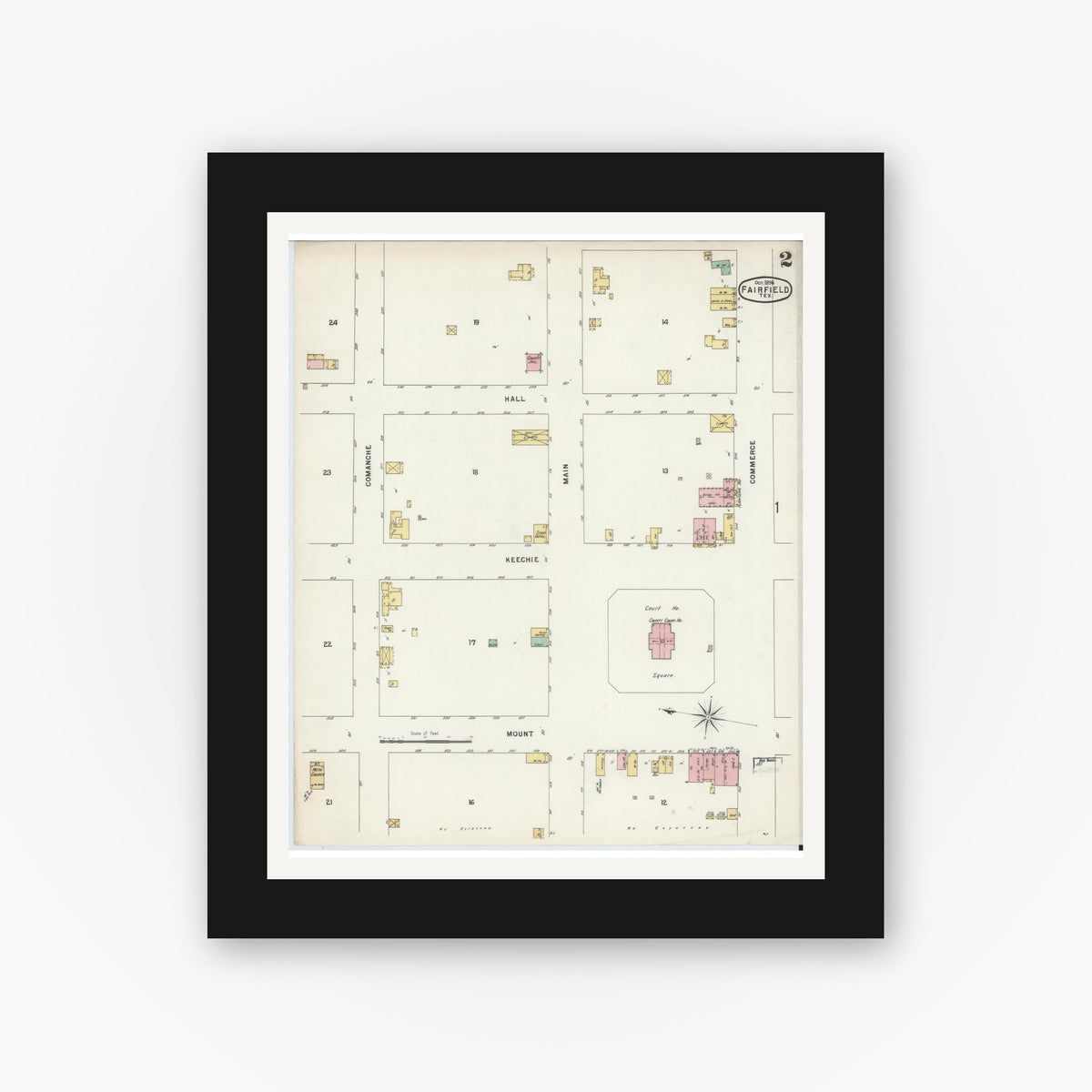 Old map wall art mockup — black gallery frame with white mat — Sanborn Fire Insurance Map from Fairfield, Freestone County, Texas (1896), Sheet #0002