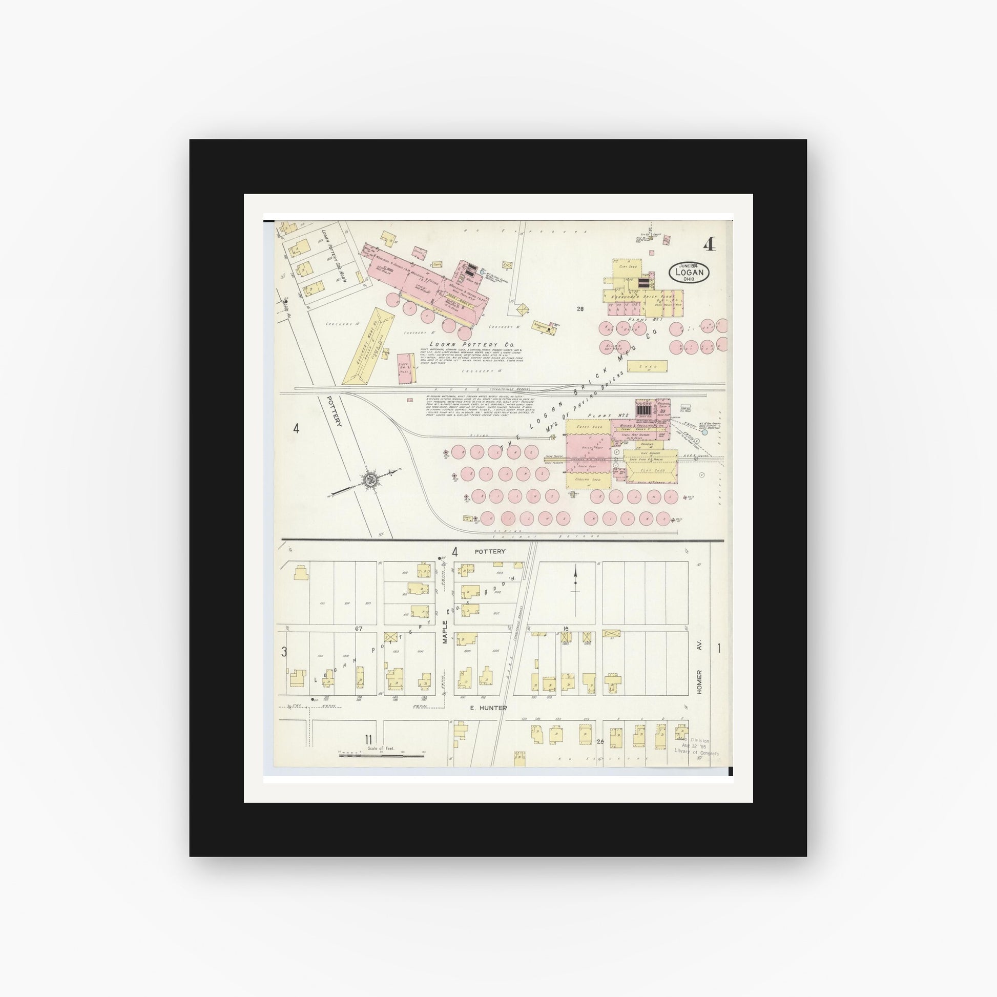 Old map wall art mockup — black gallery frame with white mat — Sanborn Fire Insurance Map from Logan, Hocking County, Ohio (1914), Sheet #0004