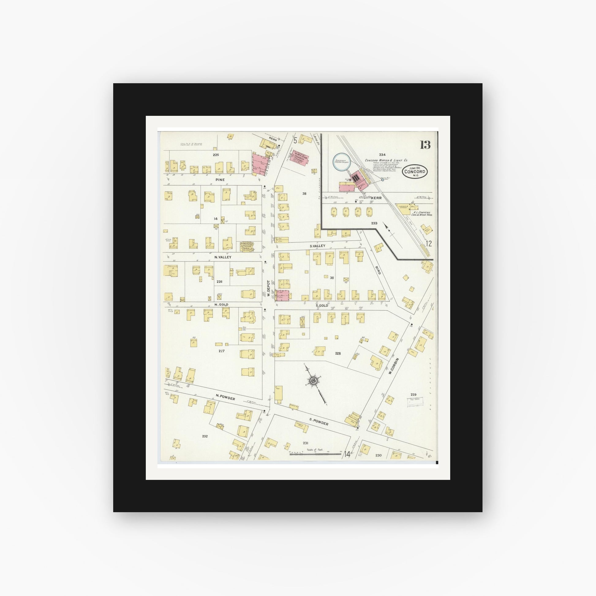 Old map wall art mockup — black gallery frame with white mat — Sanborn Fire Insurance Map from Concord, Cabarrus County, North Carolina (1911), Sheet #0013