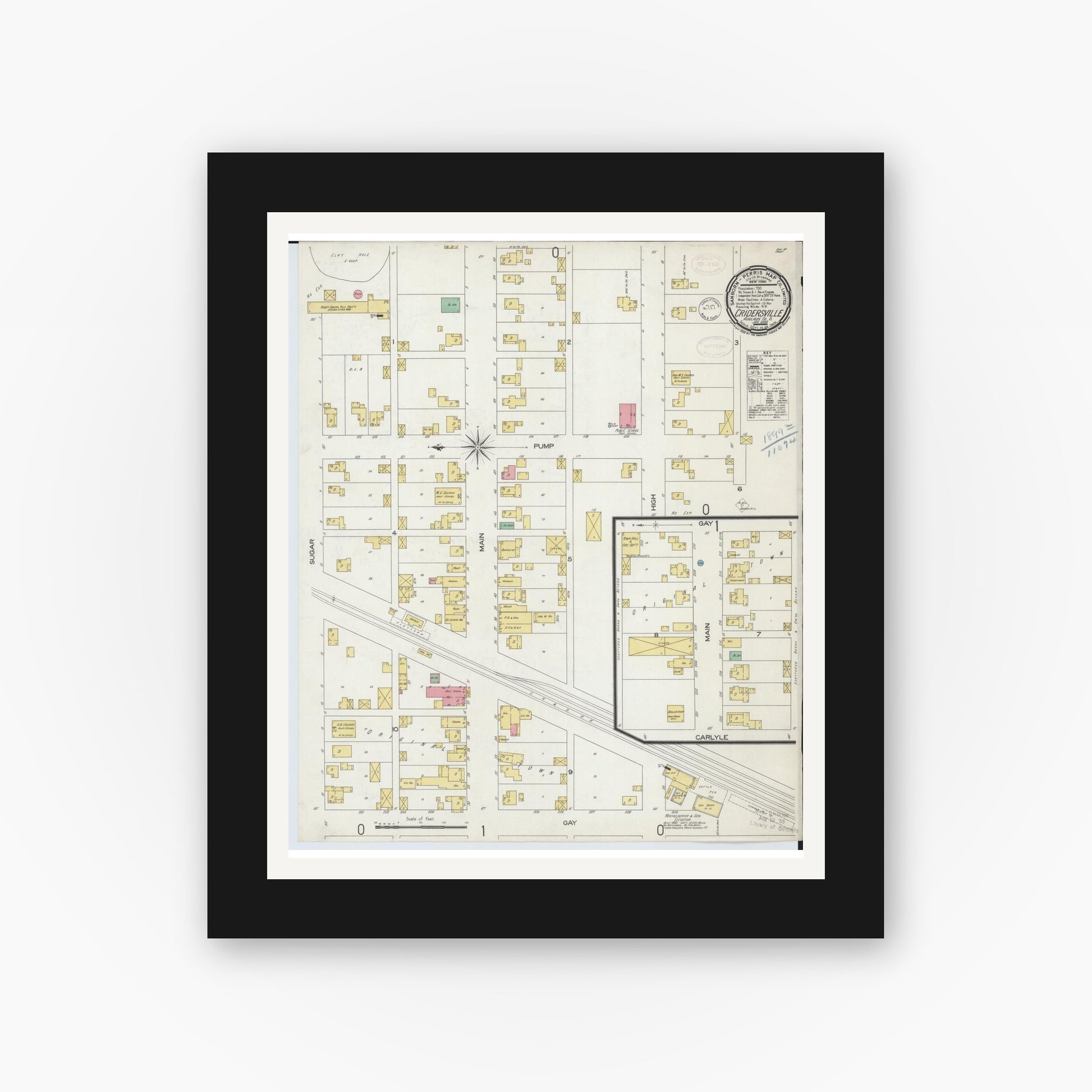 Old map wall art mockup — black gallery frame with white mat — Sanborn Fire Insurance Map from Cridersville, Auglaize County, Ohio (1899), Sheet #0001