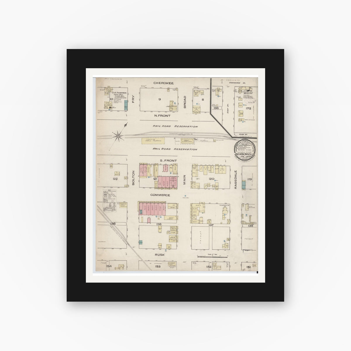 Old map wall art mockup — black gallery frame with white mat — Sanborn Fire Insurance Map from Jacksonville, Cherokee County, Texas (1885), Sheet #0001