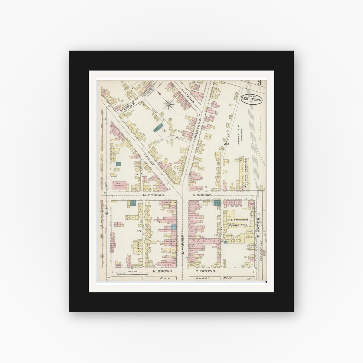 Old map wall art mockup — black gallery frame with white mat — Sanborn Fire Insurance Map from Lewistown, Mifflin County, Pennsylvania (1885), Sheet #0003