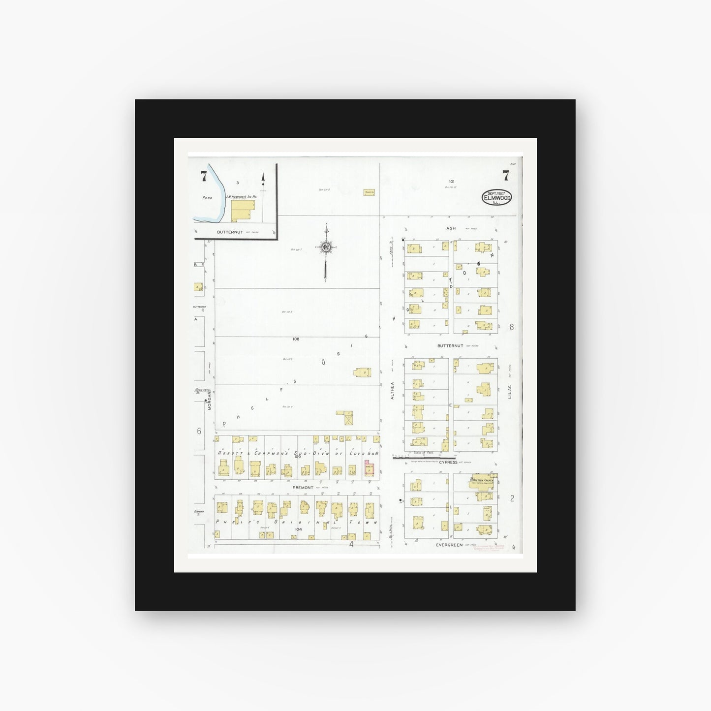 Old map wall art mockup — black gallery frame with white mat — Sanborn Fire Insurance Map from Elmwood, Peoria County, Illinois (1927), Sheet #0007