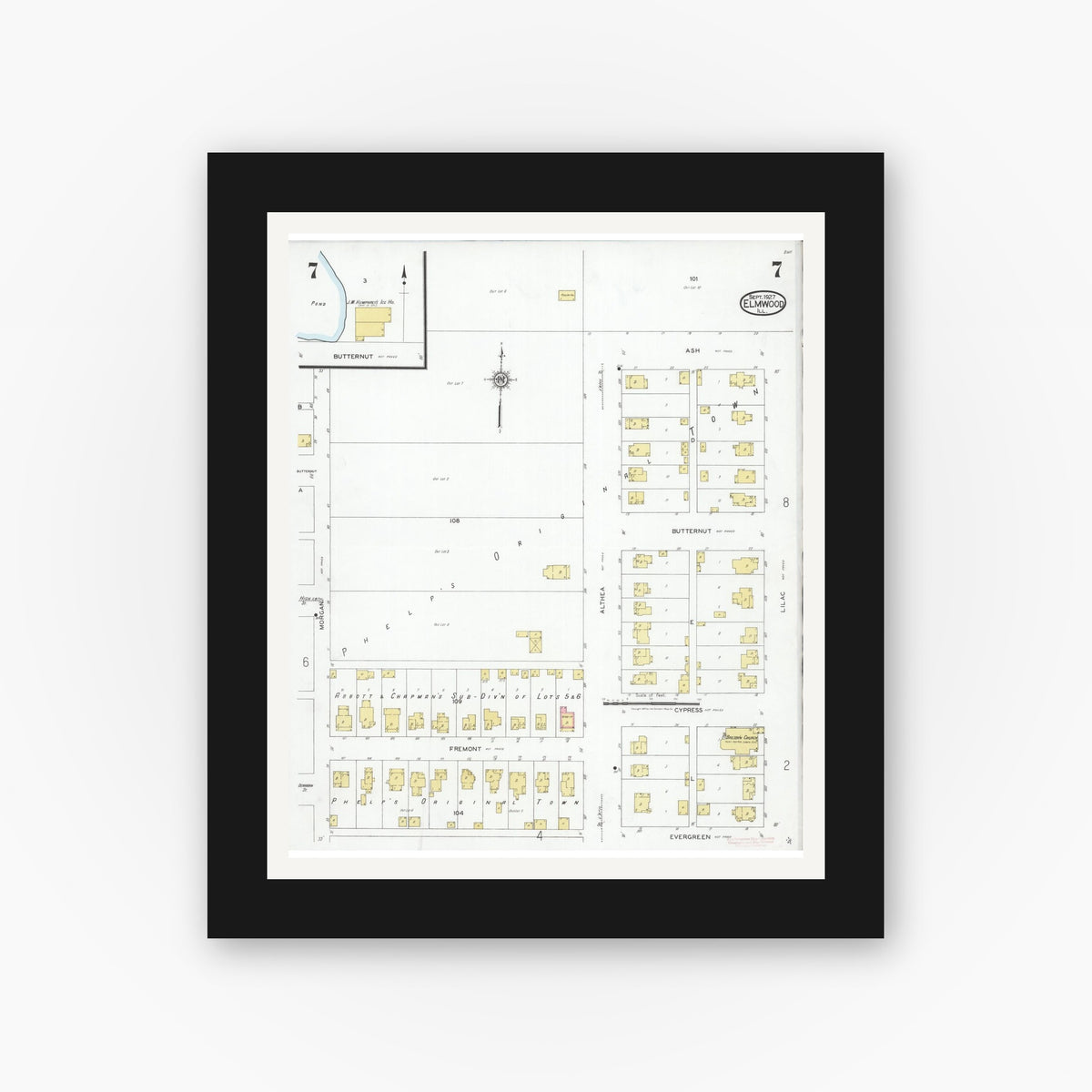 Old map wall art mockup — black gallery frame with white mat — Sanborn Fire Insurance Map from Elmwood, Peoria County, Illinois (1927), Sheet #0007