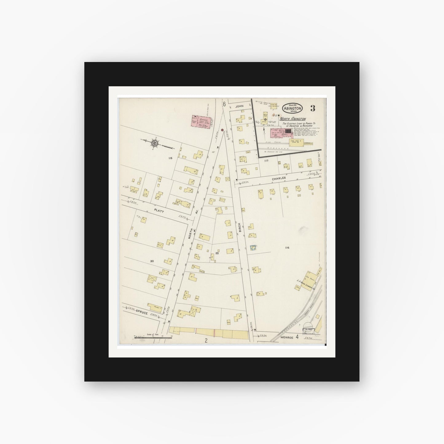Old map wall art mockup — black gallery frame with white mat — Sanborn Fire Insurance Map from Abington, Plymouth County, Massachusetts (1915), Sheet #0003