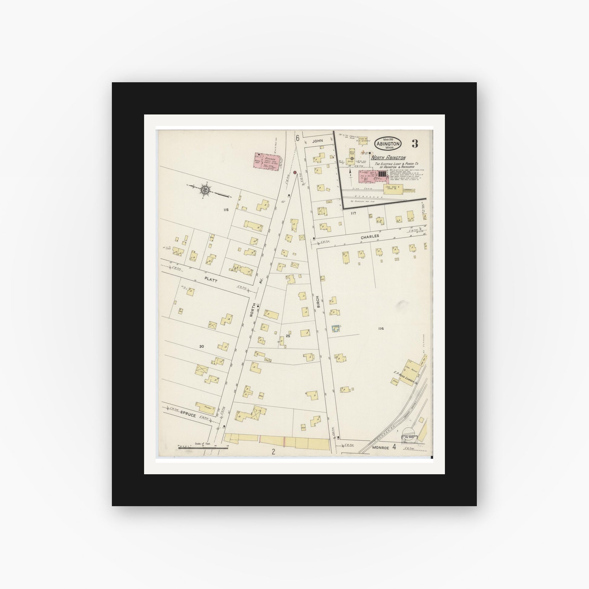 Old map wall art mockup — black gallery frame with white mat — Sanborn Fire Insurance Map from Abington, Plymouth County, Massachusetts (1915), Sheet #0003