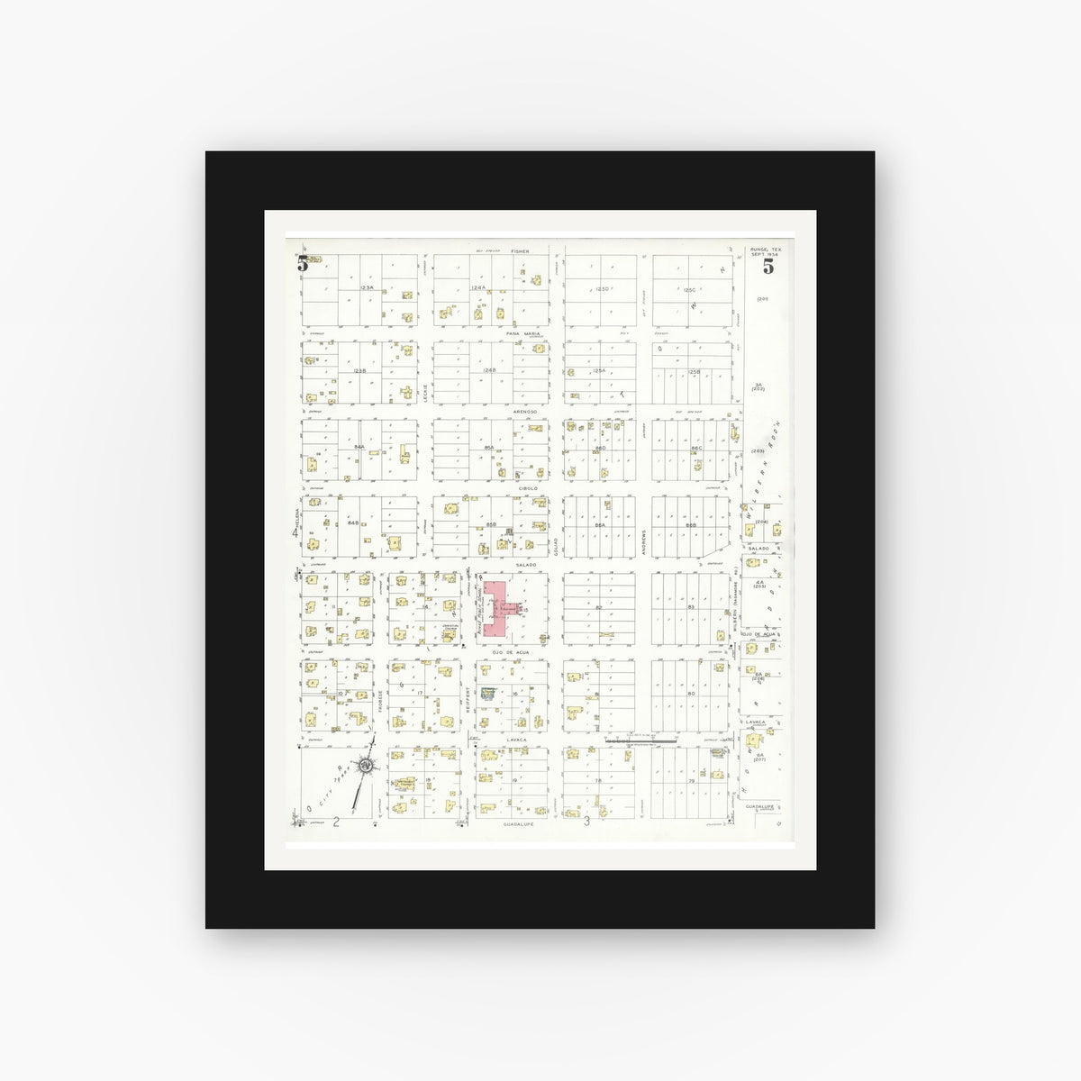 Old map wall art mockup — black gallery frame with white mat — Sanborn Fire Insurance Map from Runge, Karnes County, Texas (1934), Sheet #0005