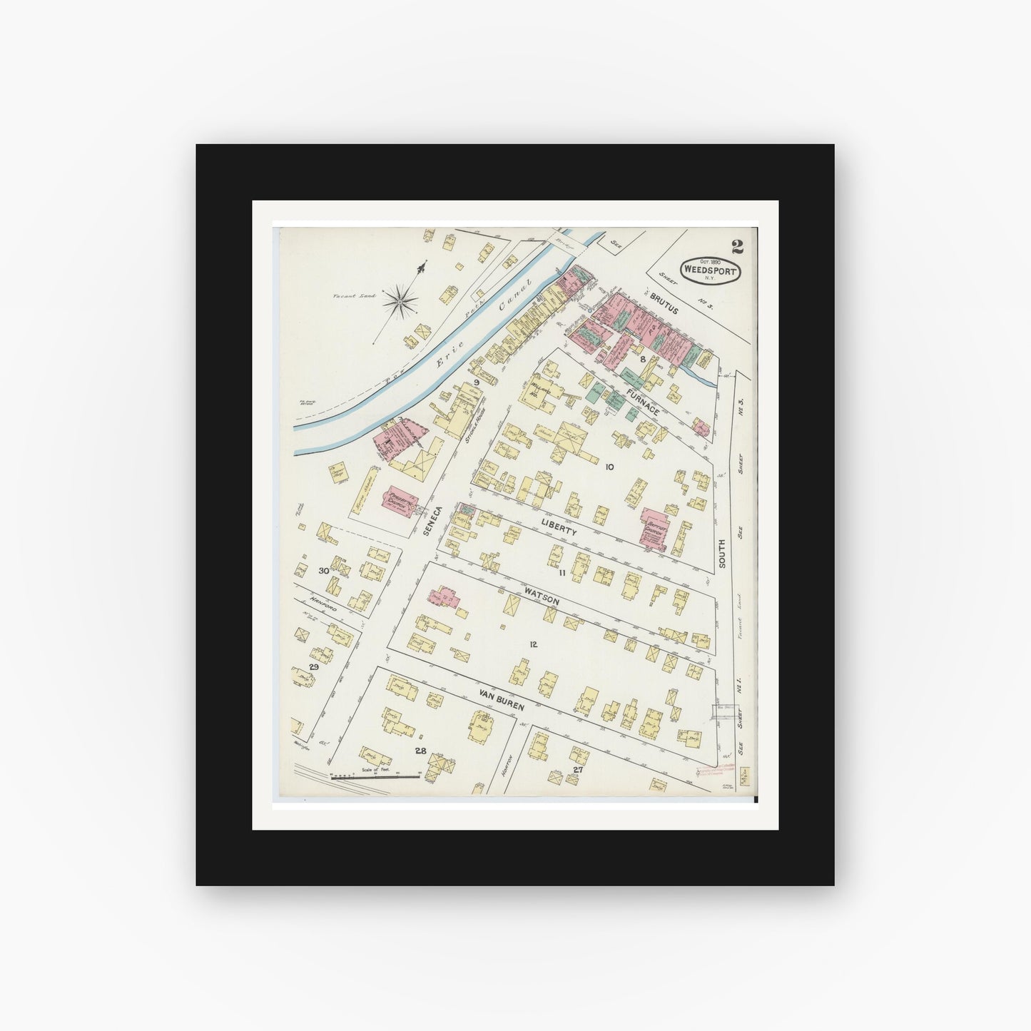 Old map wall art mockup — black gallery frame with white mat — Sanborn Fire Insurance Map from Weedsport, Cayuga County, New York (1890), Sheet #0002