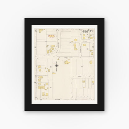 Old map wall art mockup — black gallery frame with white mat — Sanborn Fire Insurance Map from Hollywood, Los Angeles County, California (1913), Sheet #0014