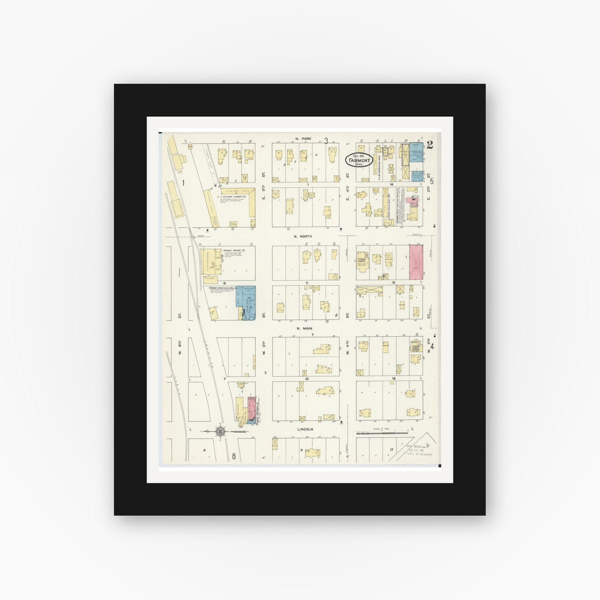 Old map wall art mockup — black gallery frame with white mat — Sanborn Fire Insurance Map from Fairmont, Martin County, Minnesota (1911), Sheet #0002
